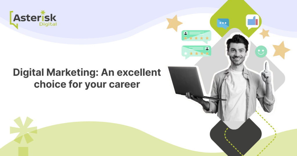 Person holding a laptop and icons, promoting digital marketing as a great choice for your career.