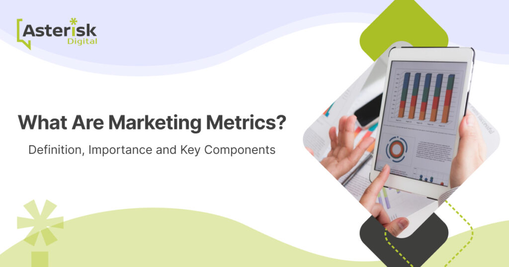 A tablet displaying analytics charts with the text, "What Are Marketing Metrics? Definition, Importance, and Key Components."