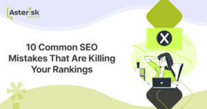 Frustrated woman at a laptop with a declining graph and error symbol, highlighting common SEO mistakes.