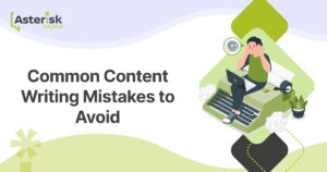 Frustrated writer on a typewriter, surrounded by crumpled papers, representing content writing mistakes.