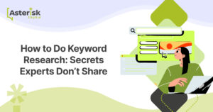 Illustration of a woman showing how to do keyword research with advanced SEO tools and data analysis interface, representing strategies to rank higher on search engines.
