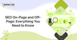 SEO On-Page and Off-Page: Everything You Need to Know – A digital marketing graphic featuring SEO elements like a magnifying glass, charts, and social media icons.