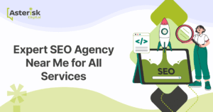 SEO agency concept with laptop, rocket, and analyst beside "Expert SEO Agency Near Me for All Services" text.